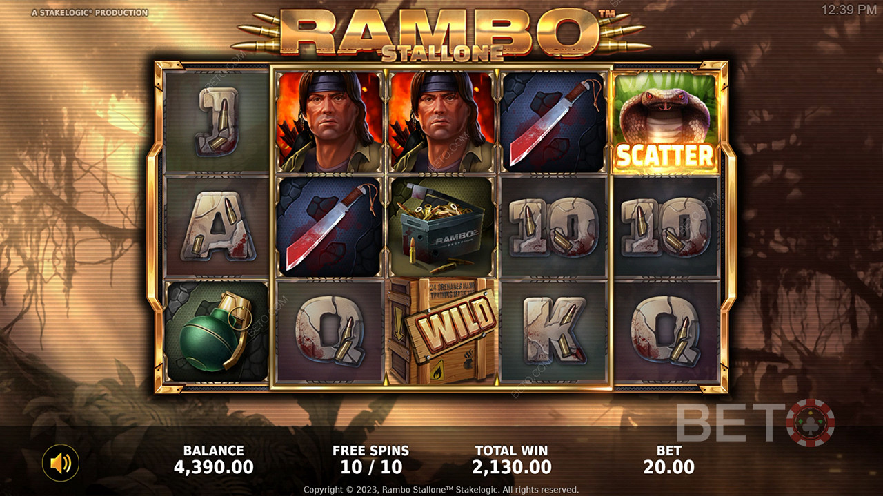 Ramboスロットをプレイして、象徴的な映画を題材にしたスロットをお楽しみください。