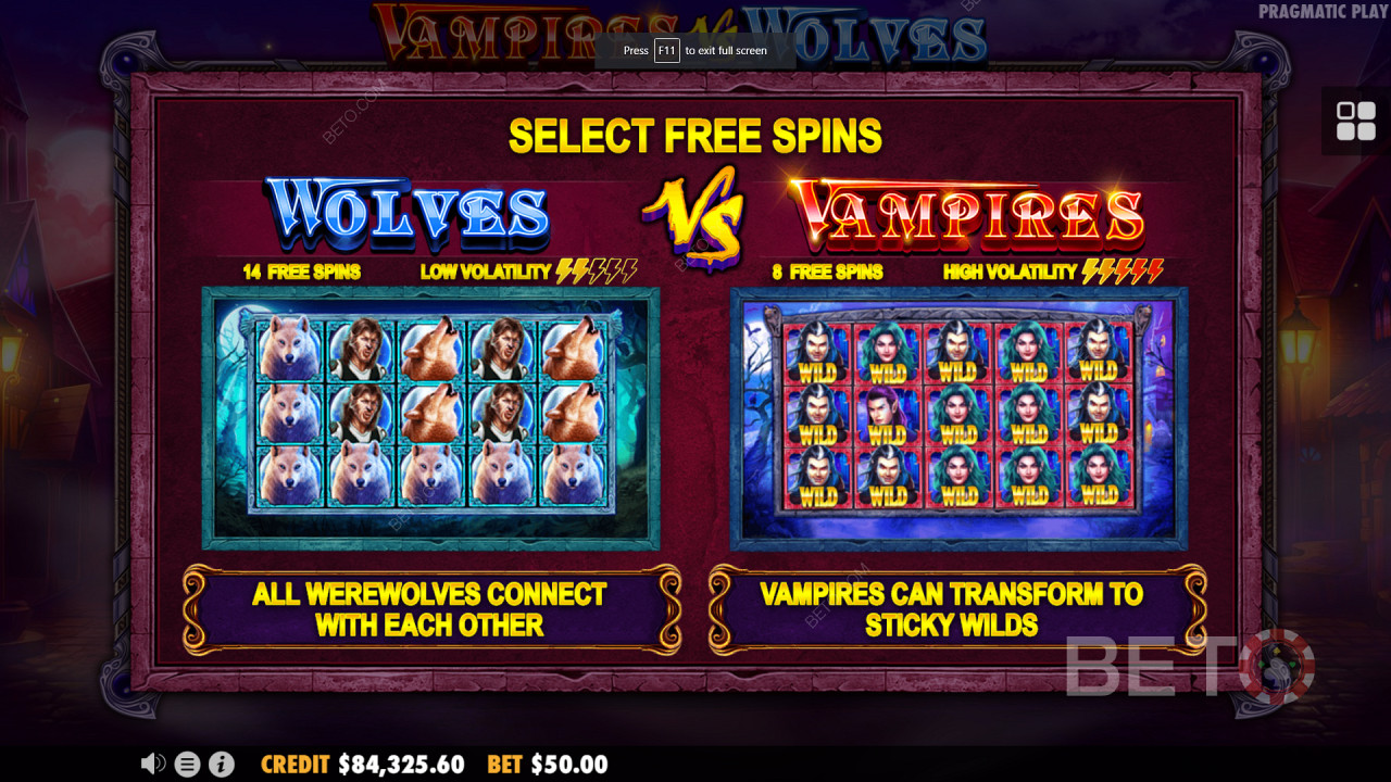Vampires vs Wolves』のデュアルフリースピンボーナスラウンド