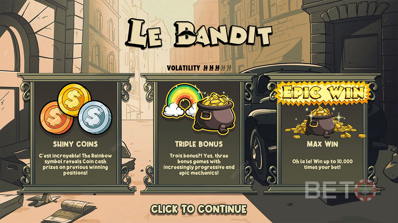 つのボーナスと賞金により、Le Banditスロットでベット額の10,000倍を獲得できます。