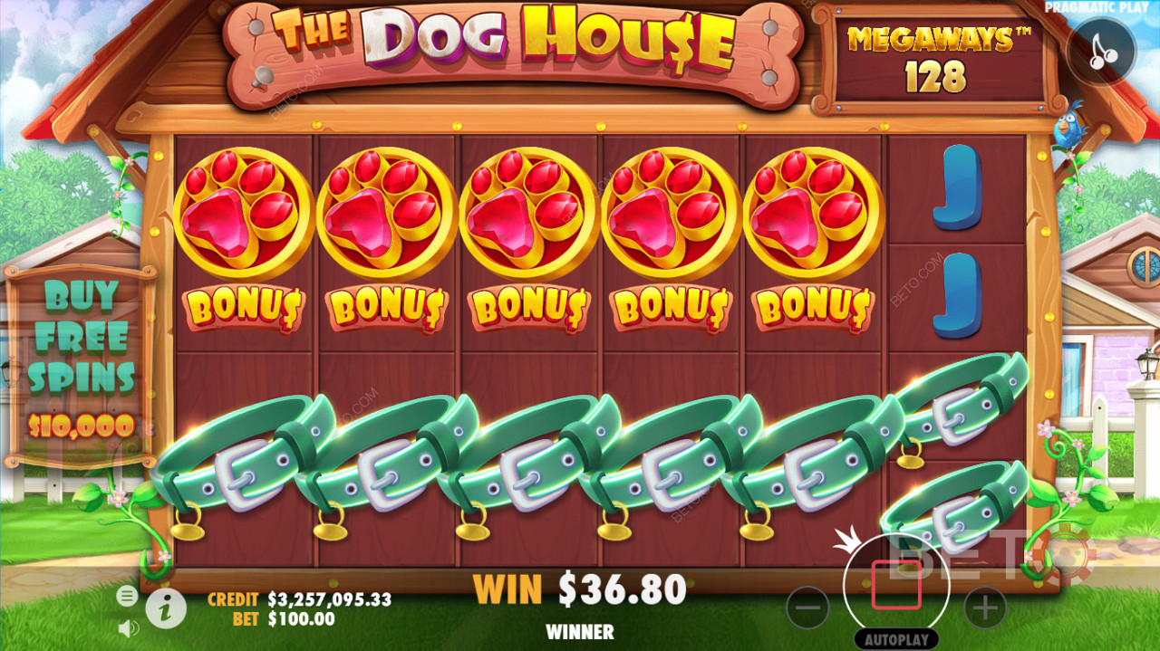 The Dog House Megawaysカジノスロットの詳細なゲームプレイインタフェース