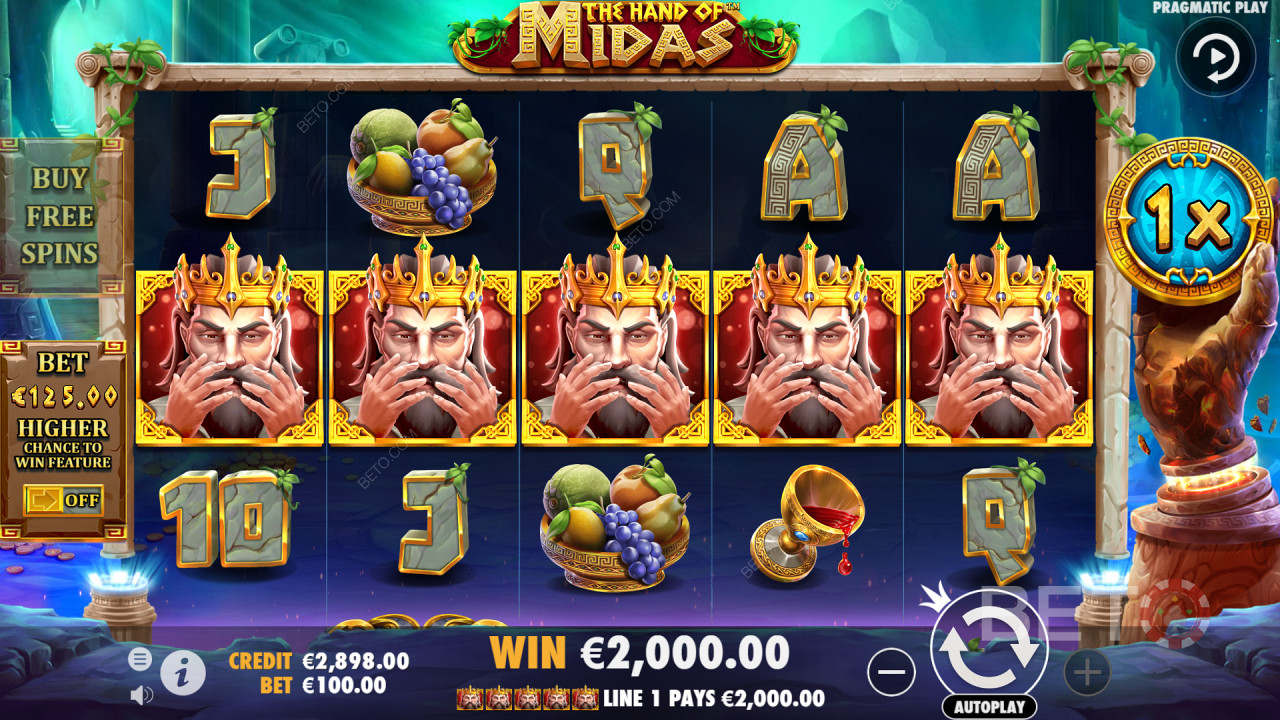 5つのミダス王のシンボルが、ビデオスロット「ハンド・オブ・ミダス」で大金を支払います。