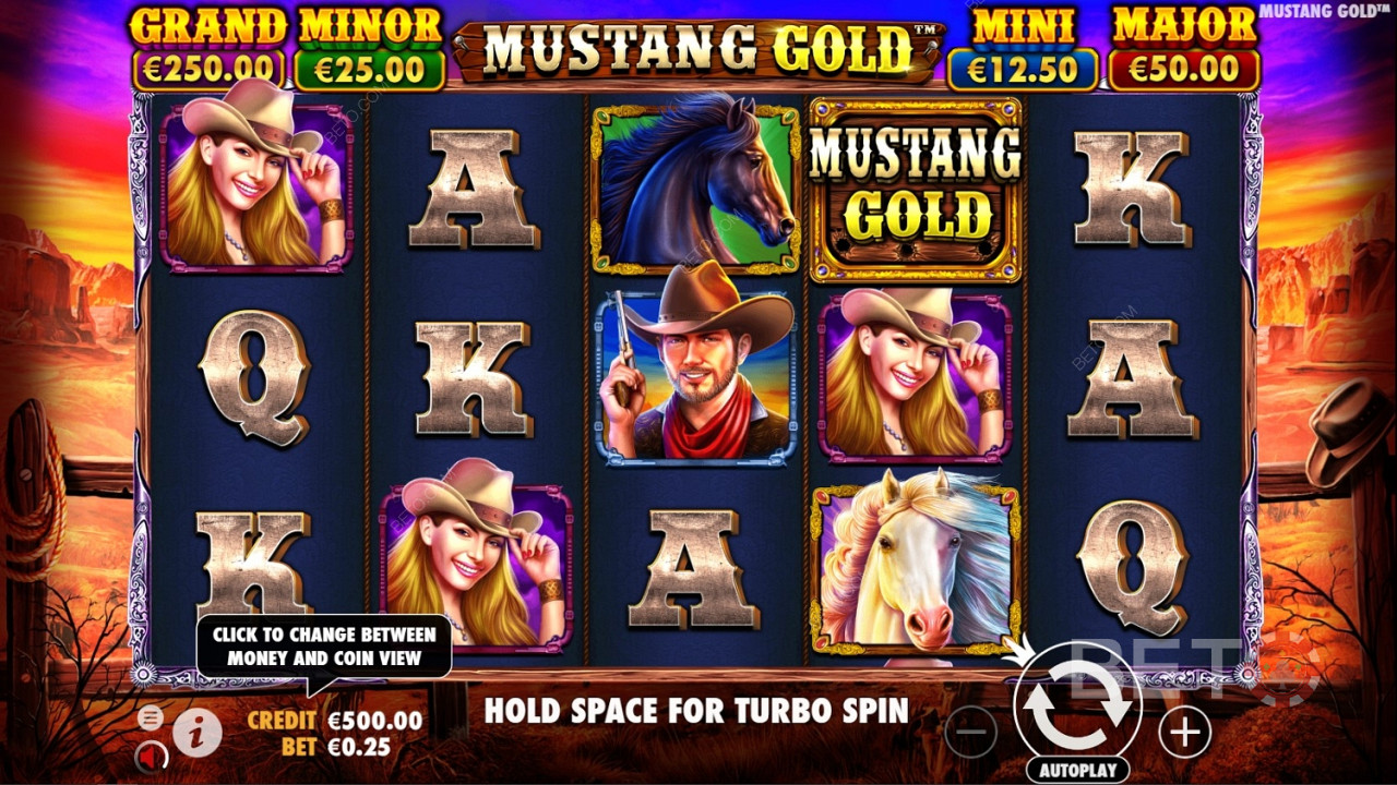 Mustang Gold オンラインスロットのワイルドシンボルはゲームのロゴです。