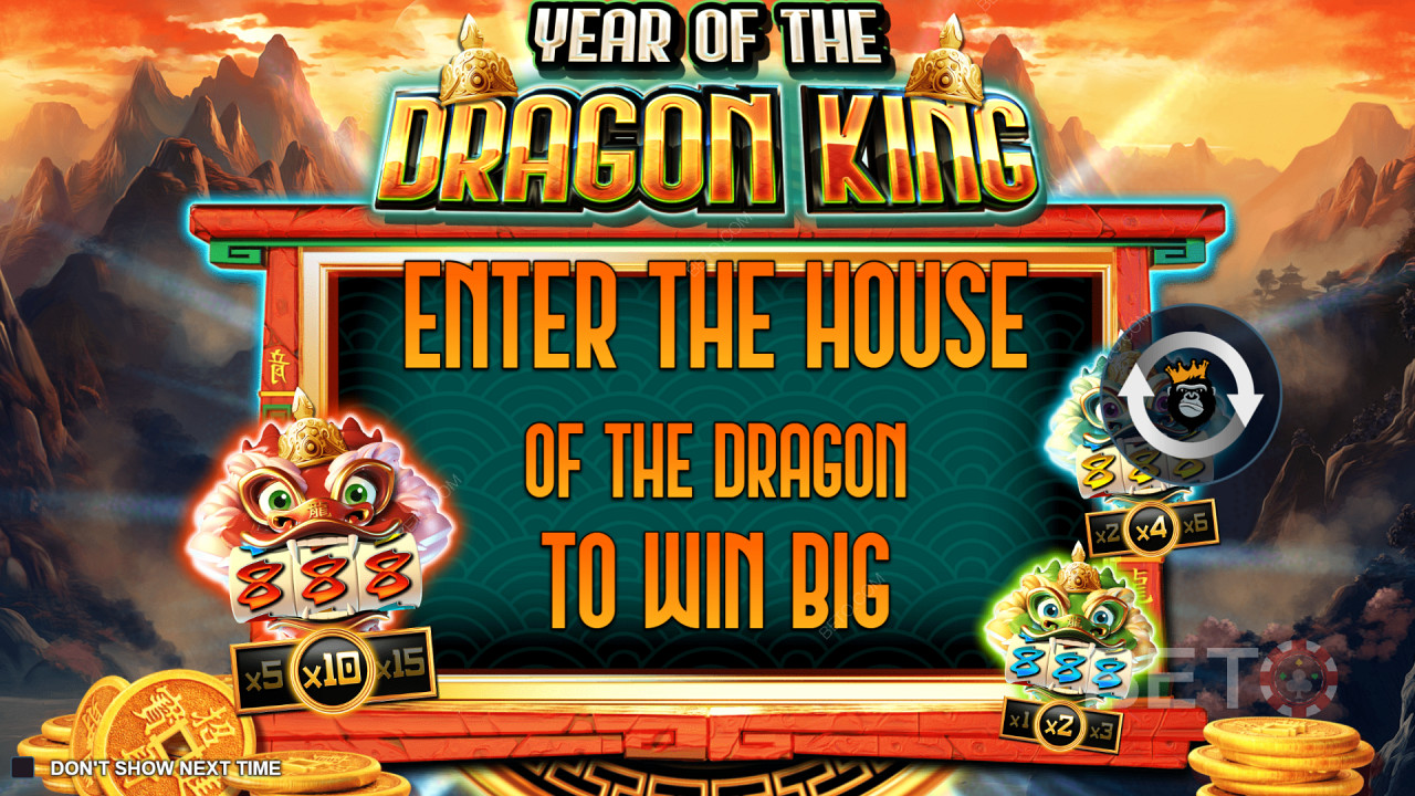 Year of the Dragon Kingスロットで最大5台のミニスロットマシンをお楽しみください。