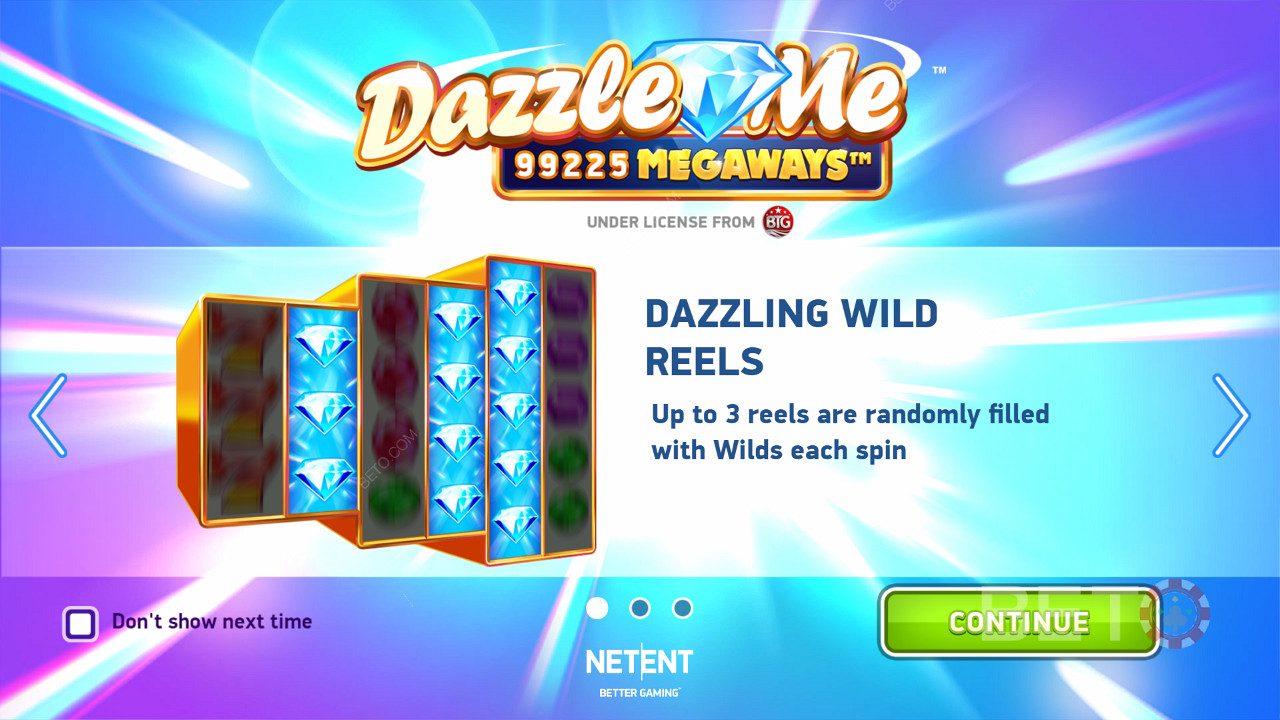 Dazzle Me Megawaysのイントロ画面。