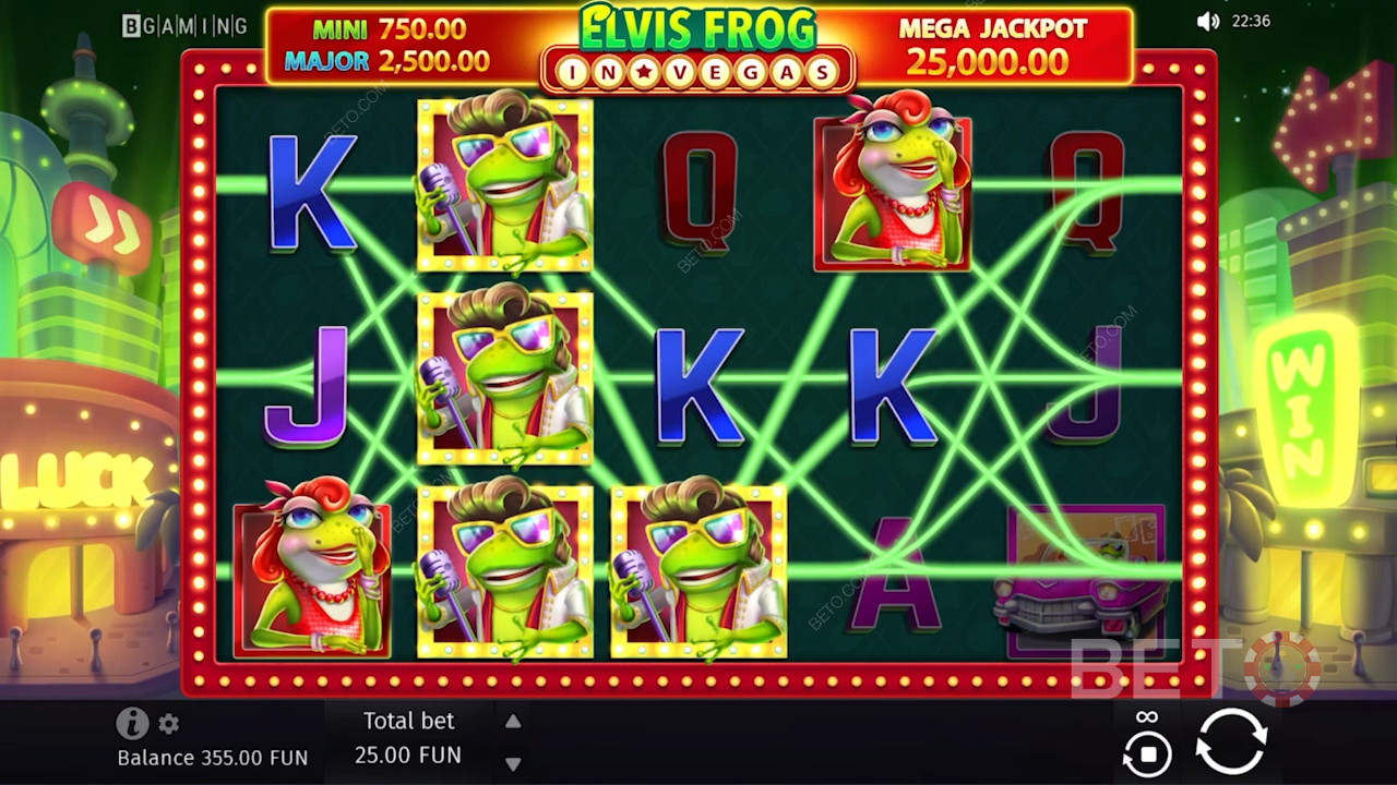 カエルのシンボルが揃うと、賭け金の500倍の賞金が支払われます。
