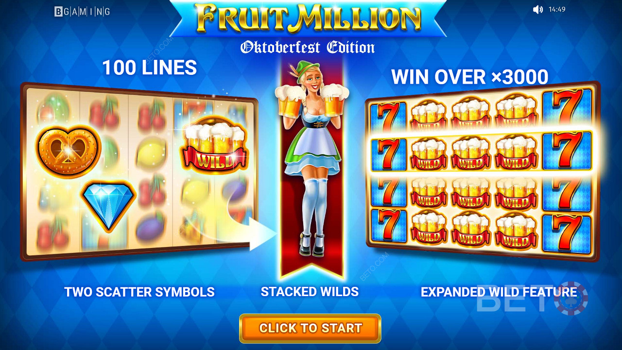 100ライン以上のスロットをプレイして、最大で賭け金の3000倍を獲得する「フルーツミリオン」。