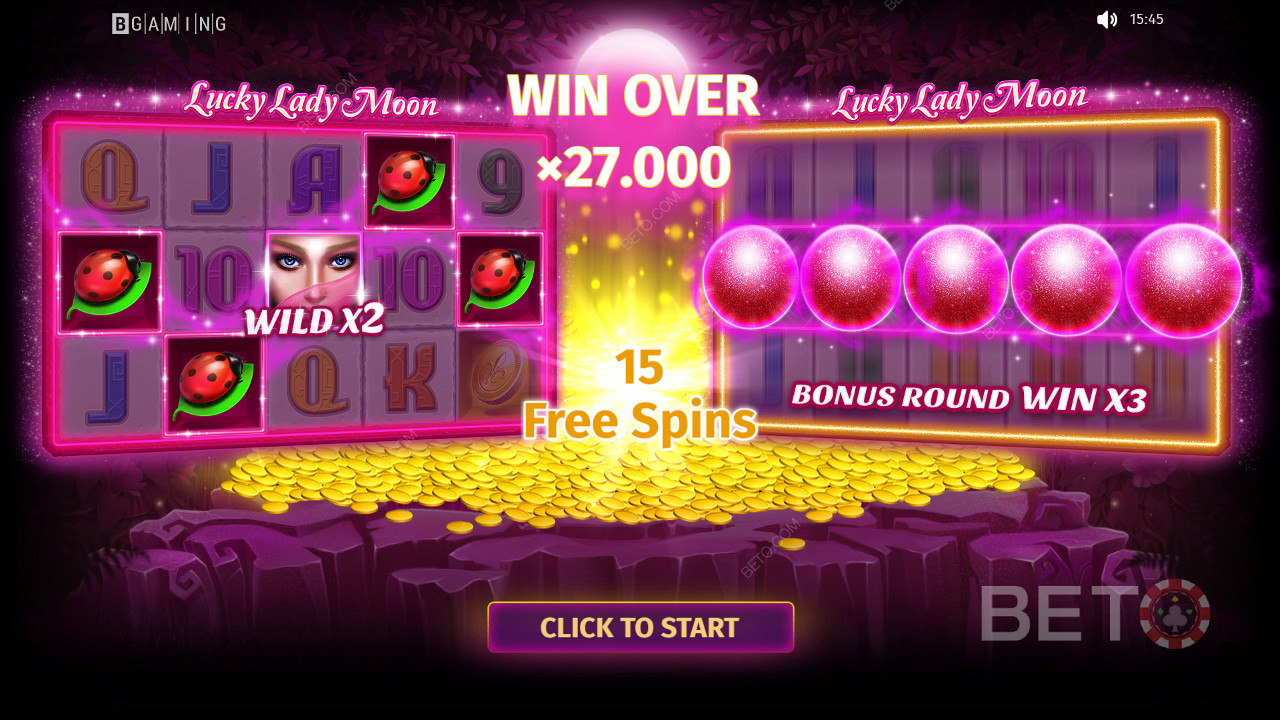 ラッキーレディムーンスロットで、賭け金の最大27,000倍相当の賞金を獲得するために、プレイを続けてください。