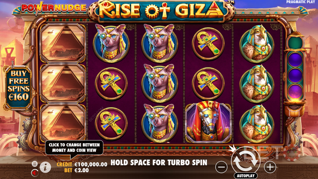 Rise of Giza PowerNudgeスロットマシンでベットの80倍を支払ってフリースピンを購入する。