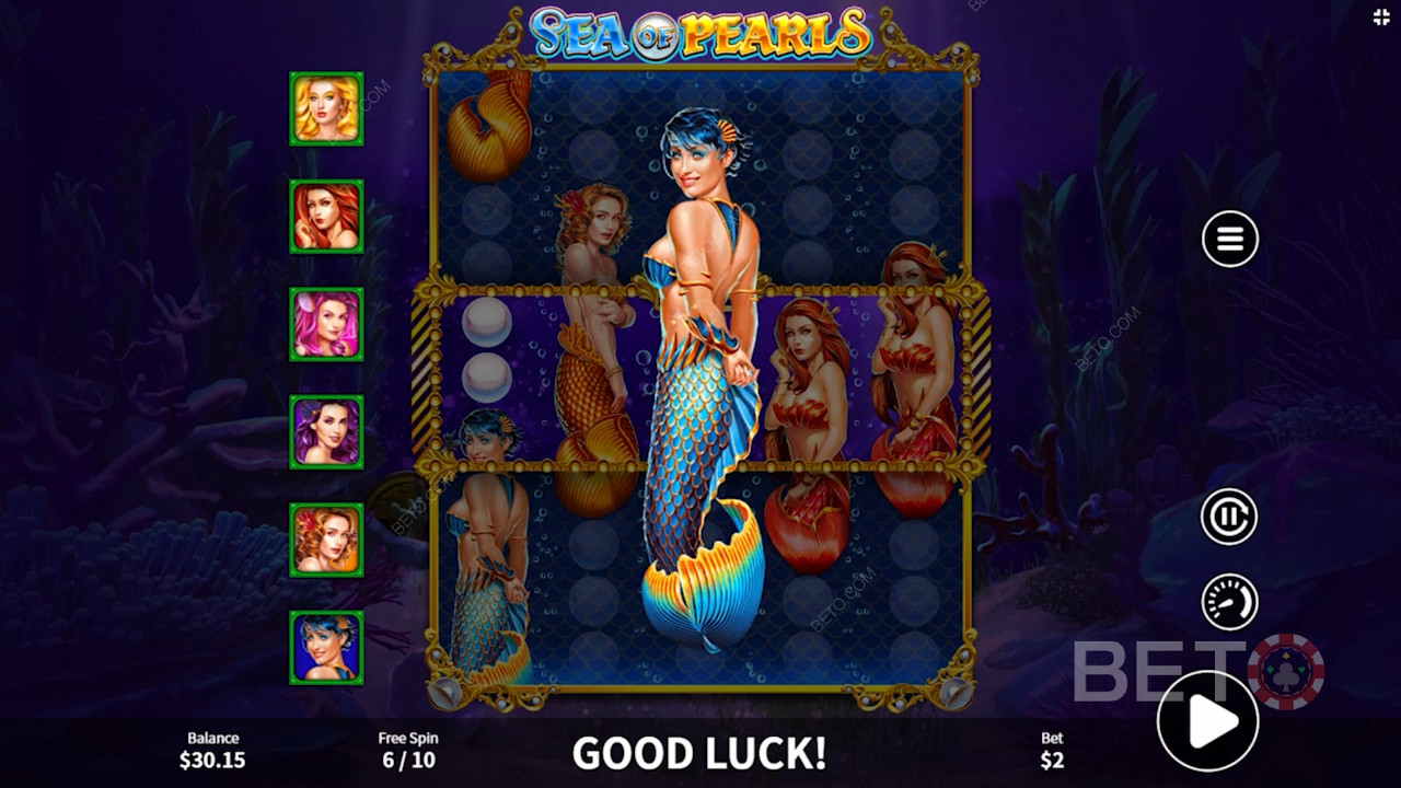 フリーゲームで50個の真珠を集めると、人魚のシンボルがミステリーシンボルに変化します。