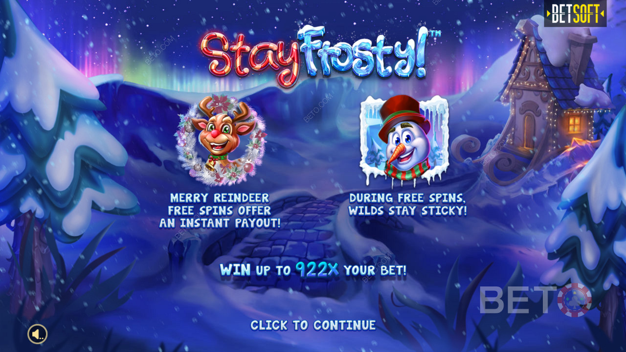 Stay Frosty！のイントロ画面。Merry Reindeer Free Spins & Max Win of 922x your bet!