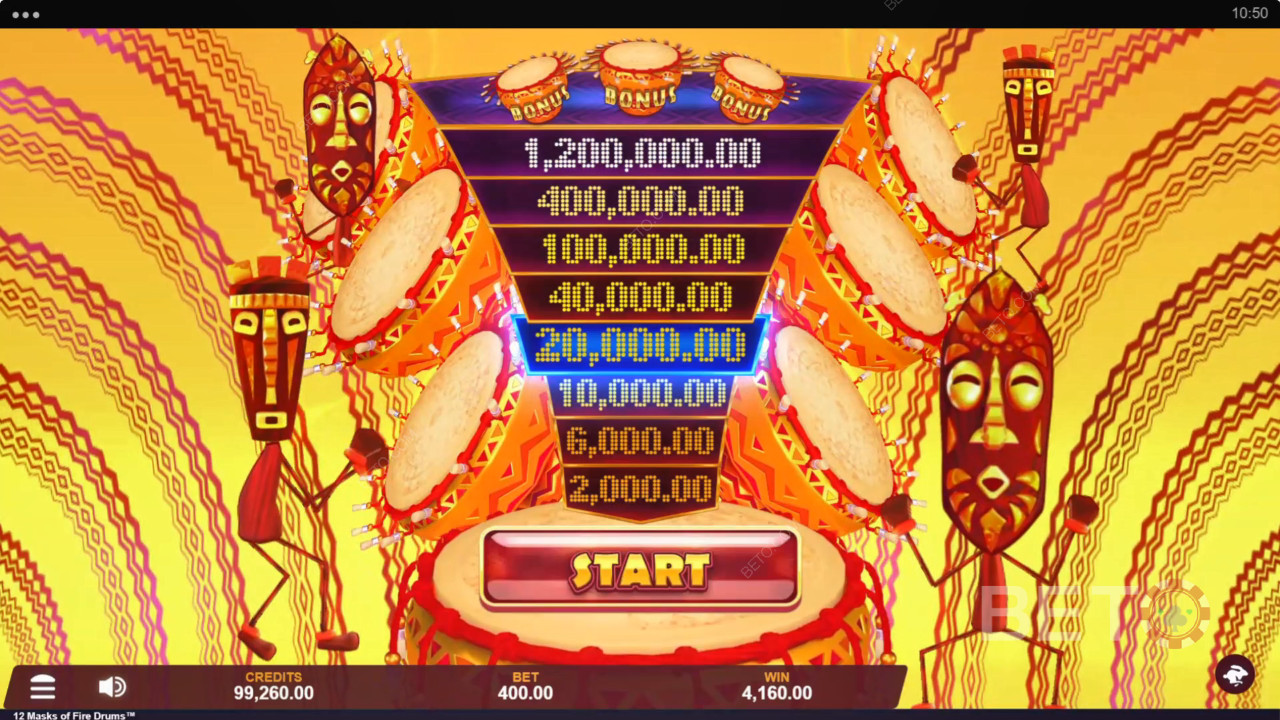12 Masks of Fire Drumsスロットで最大3,125倍の配当を獲得！