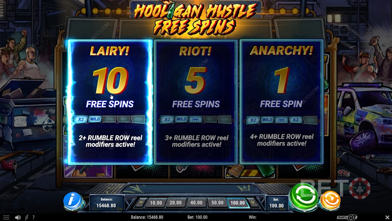 Hooligan HustleスロットマシンのFree Spinの種類を選択してください。