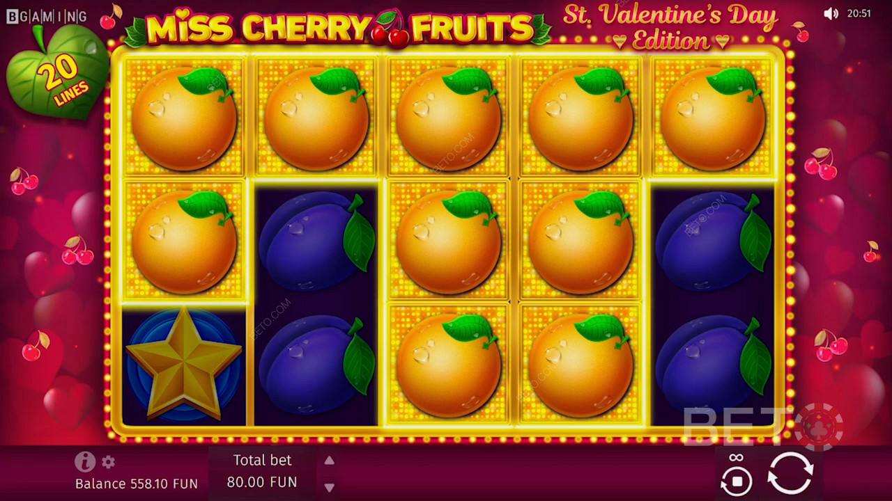 Miss Cherry Fruitsスロットにはオレンジ色のシンボルがたくさんあります。