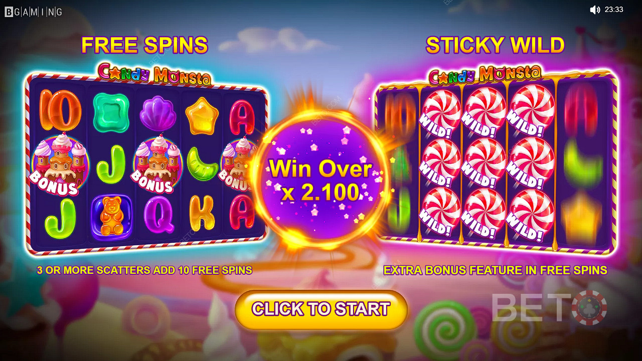 Candy Monsta Slotをプレイして、合計ベット額の1,000倍相当の賞金を獲得するチャンスです。