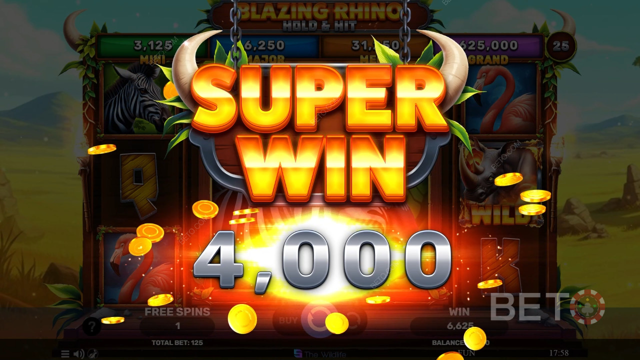 Blazing Rhino Hold & Hitで最大5,000倍配当を獲得!