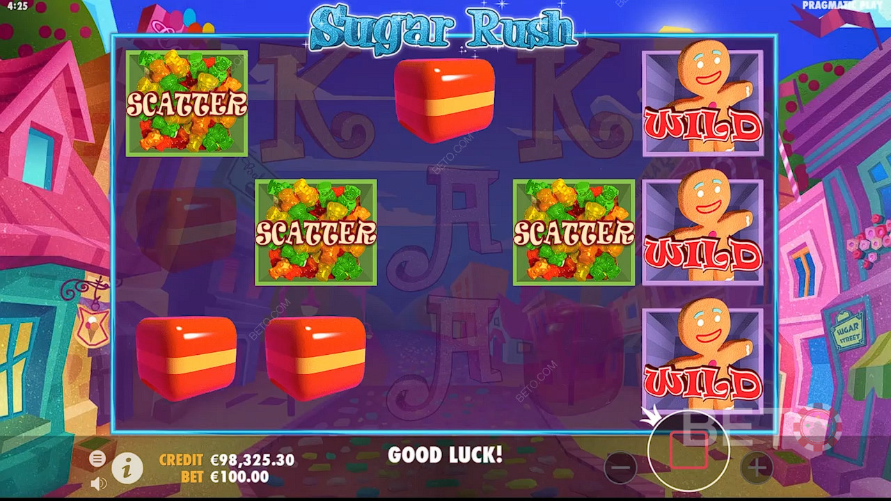 フリースピンは、Sugar Rushスロットゲーム内でスキャッターが3つ以上揃うと発動します。