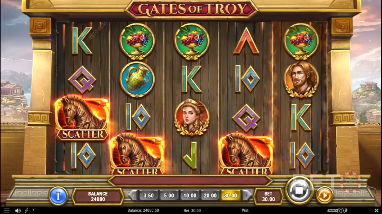 3つ以上のスキャッターで「Gates of Troy」カジノゲームのフリースピンを獲得することができます。