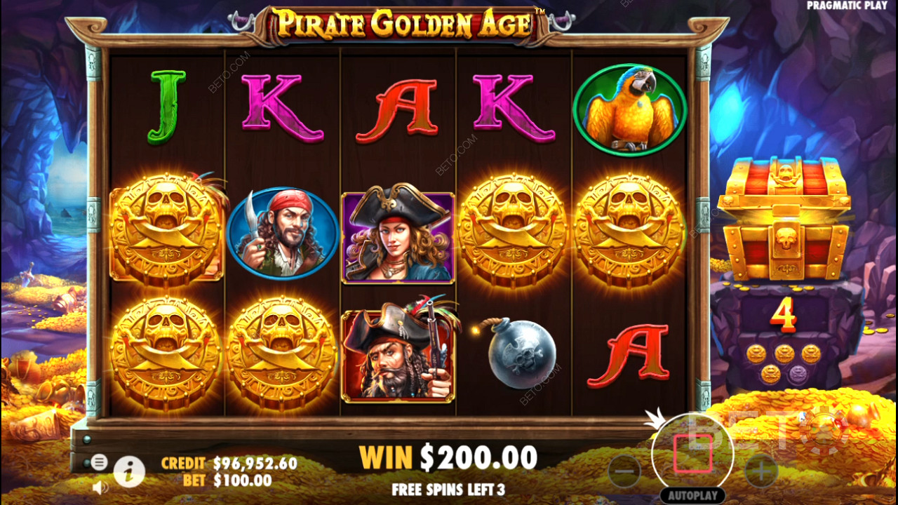 Pirate Golden Ageオンラインスロットのフリースピンでは、ミステリーシンボルがよく登場します。
