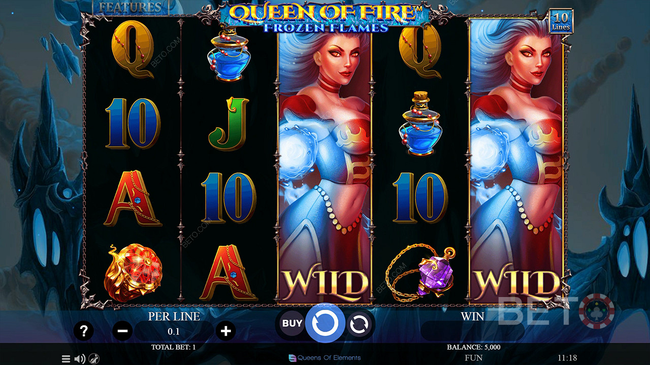 Queen of Fire - Frozen Flamesスロットのベースゲームでエキスパンディングワイルドをお楽しみください。